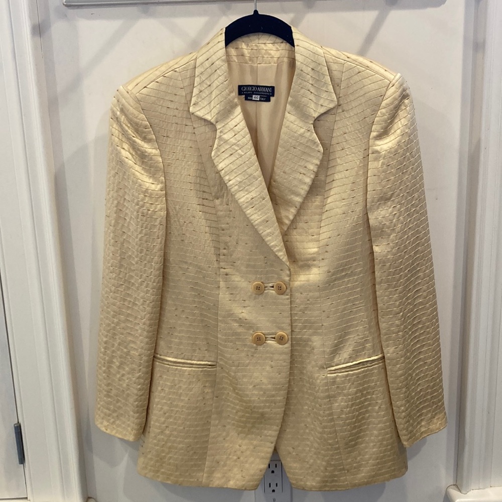 Giorgio Armani Champagne Raw Silk Dinner Jacket w Metallic Thread